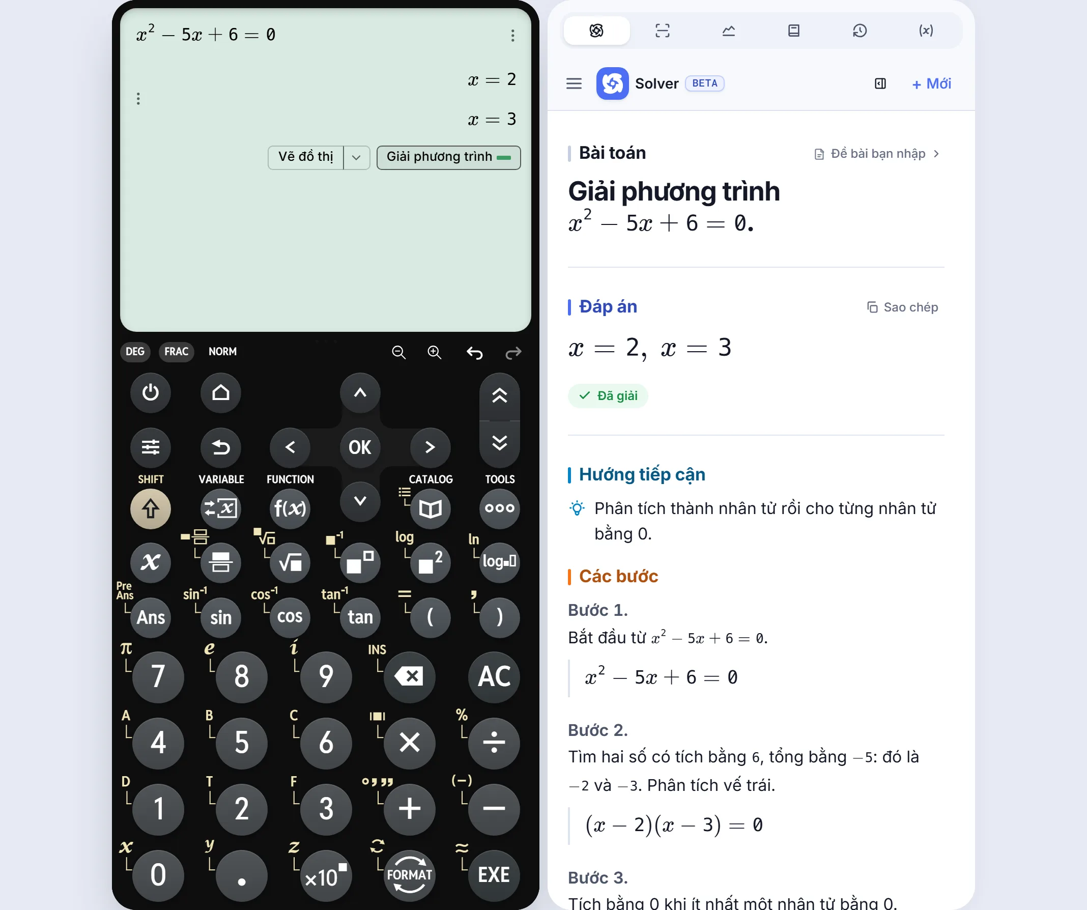 Bố cục phím CW của CalcES với cùng phương trình và lời giải tiếng Việt