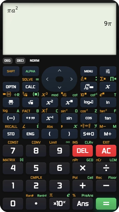 The fx-991EX screen showing S = πa² with CALC prompting for a, mid-recalculation.