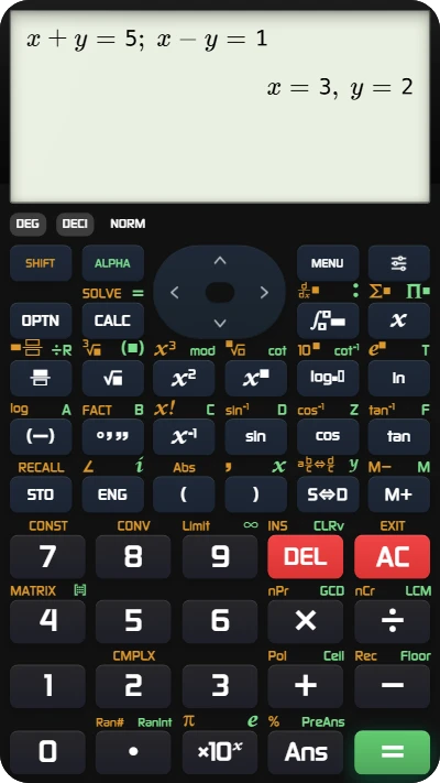 The fx-991EX screen showing x = 3 and y = 2 for the system x + y = 5, x − y = 1.