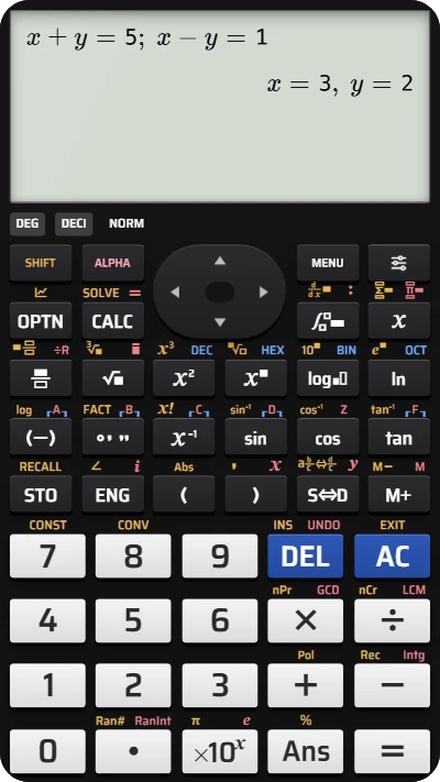 The fx-991EX screen showing x = 3 and y = 2 for the system x + y = 5, x − y = 1.