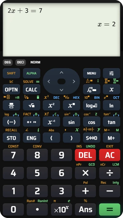 參考 fx-991EX 按鍵配置的 CalcES 畫面，顯示 2x + 3 = 7 的解 x = 2。