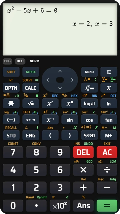 Visor do teclado no estilo fx-991EX com as raízes x = 2 e x = 3 da equação x² − 5x + 6 = 0.