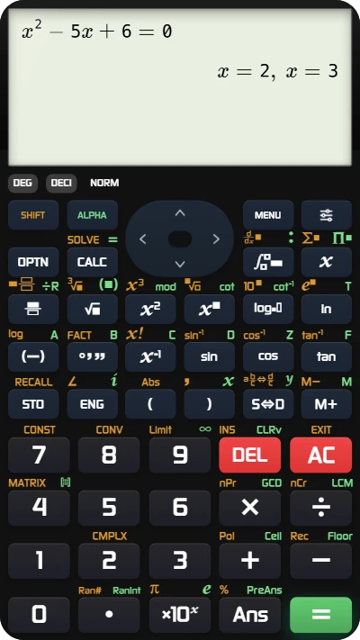 The fx-991EX screen showing the roots x = 2 and x = 3 of x² − 5x + 6 = 0.