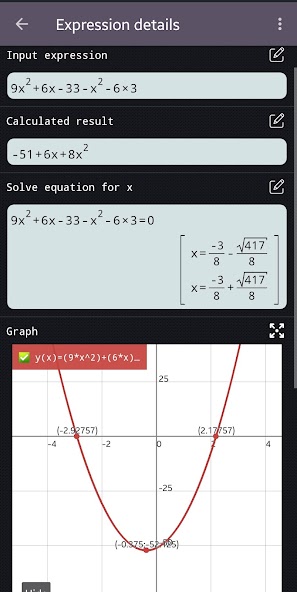 Google Play screenshot of Android 991 expression details with exact roots and a graph