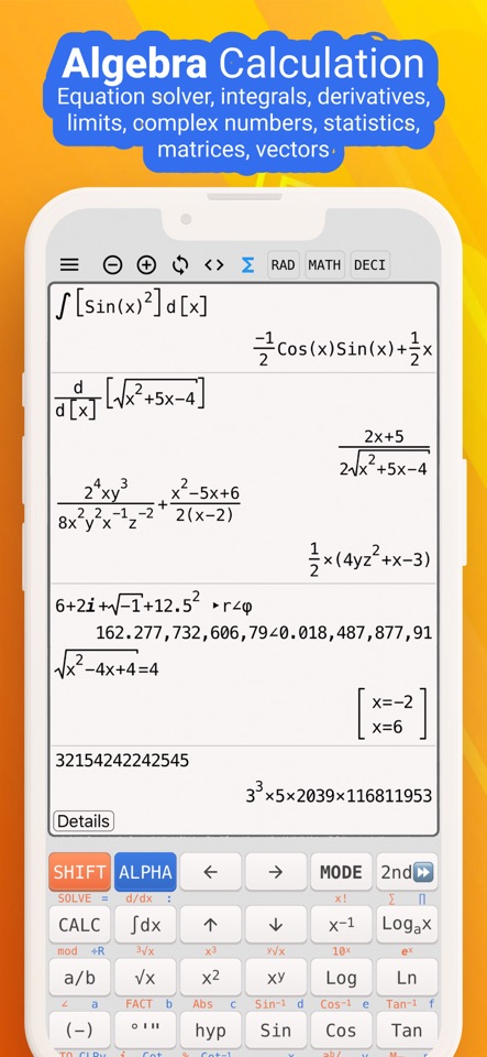 App Store screenshot of the iPhone app showing algebra calculations in natural notation