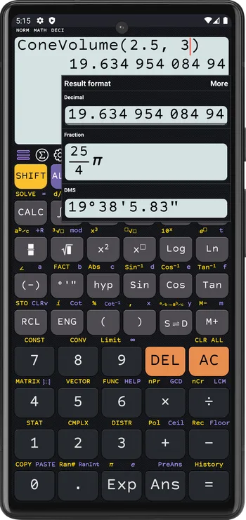 Example `radius=a=2.5` and `height=b=3`