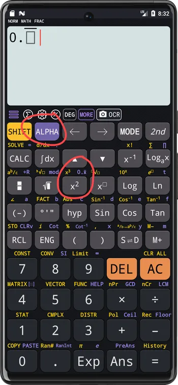 Press `ALPHA` `x²` to insert the repeating part of a repeated decimal.