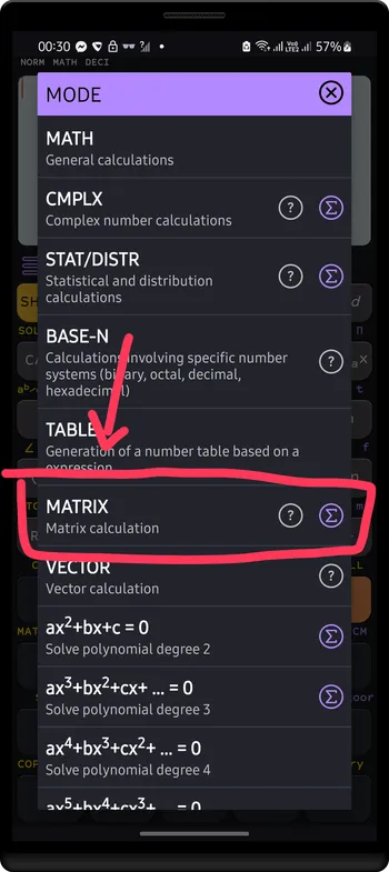 Tap `MATRIX` item to enter matrix mode