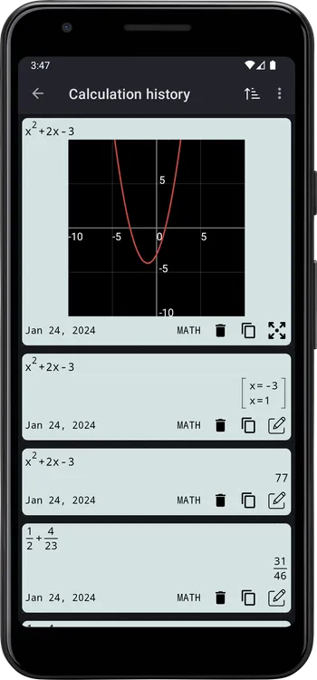 The calculation history screen