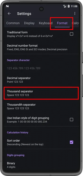 Select the Format tab, then select Thousand separator item