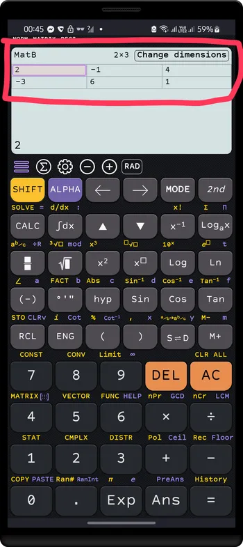 Entering value of matrix `MatB=[[2, -1, 4], [-3, 6, 1]]`