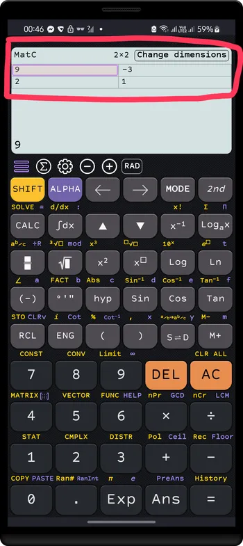 Entering value of matrix `MatC=[[9, -3], [2, 1]]`