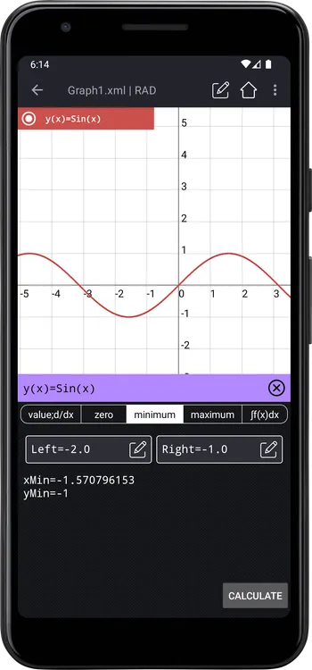 Minimum value of Sin(x) from -2 to -1