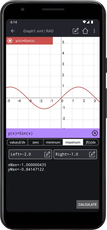 Maximum value of Sin(x) from -2 to -1