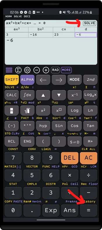 Press `=` or `SOLVE` to solve equation