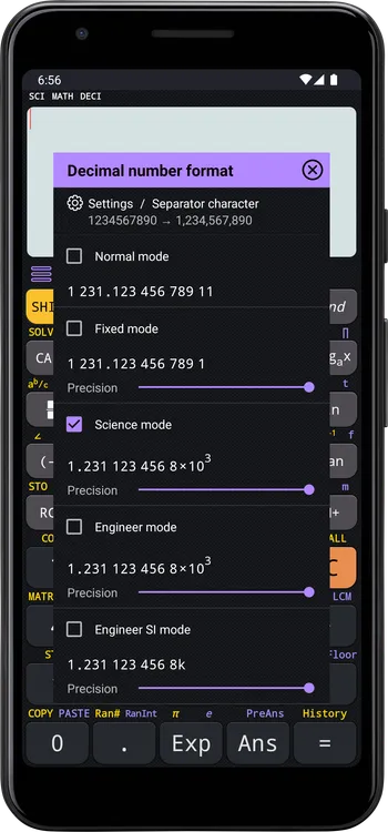 Change the decimal format to Science mode