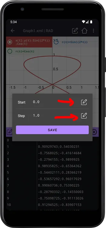 Table start and step settings dialog