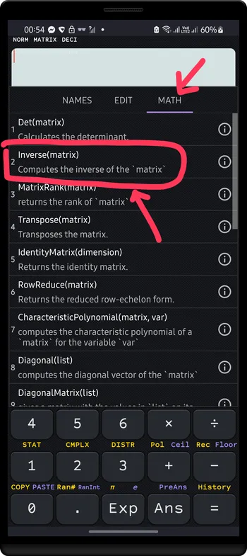 Open matrix `MATH` menu