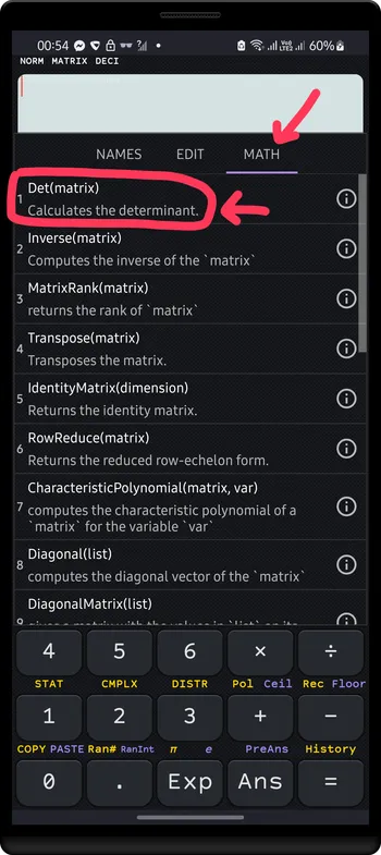 Open matrix `MATH` menu