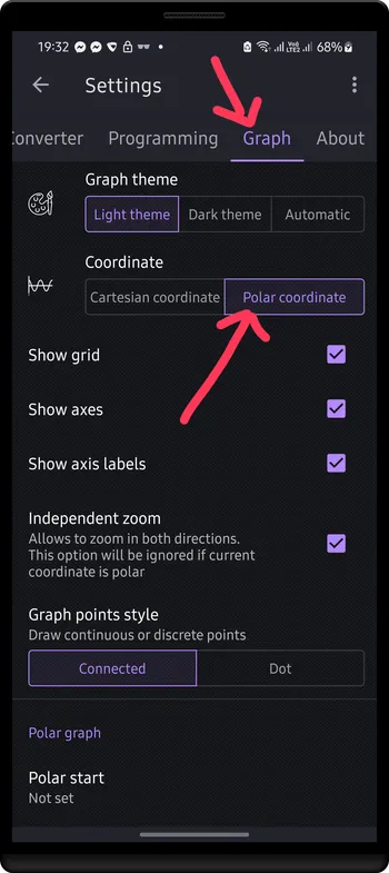 Graph settings screen