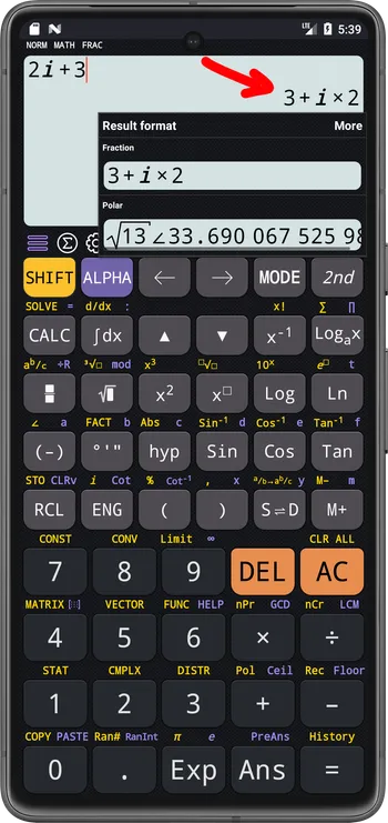 The result format dialog of 3+2i