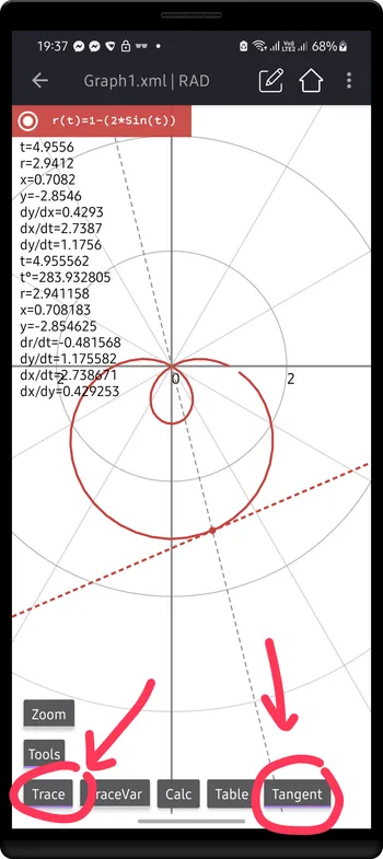 Polar graph of r(t)=1-2Sin(t), trace and tangent options