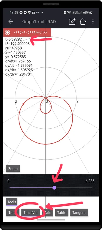 Polar graph of r(t)=1-2Sin(t), TraceVar option