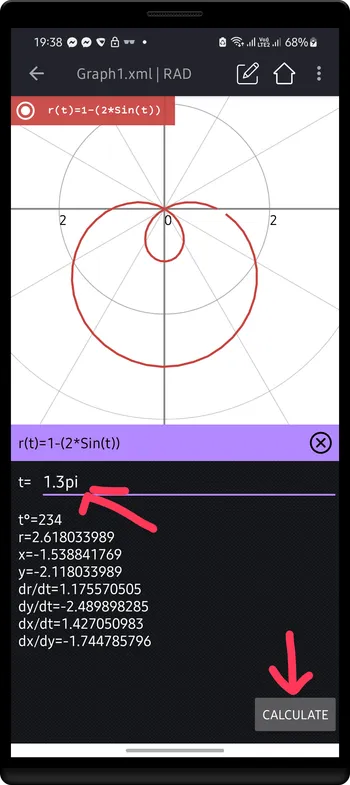 CALC panel of polar graph r(t)=1-2Sin(t)