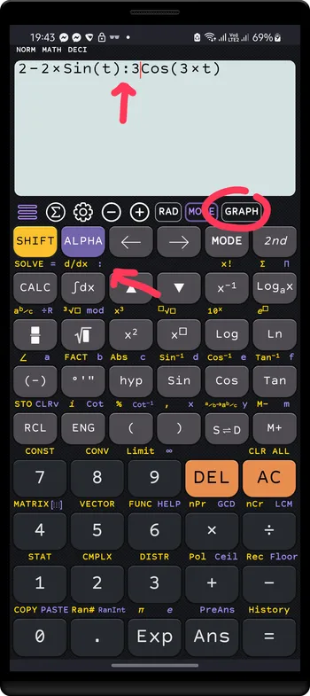 Enter 2-2Sin(t):3Cos(3t) to calculator screen