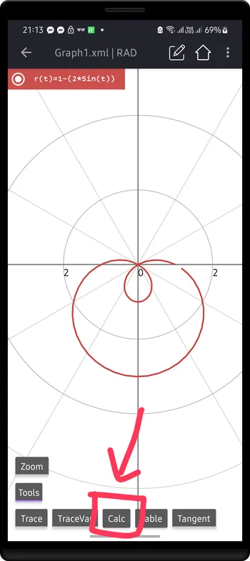 Polar graph of r(t)=1-2Sin(t), Calc option