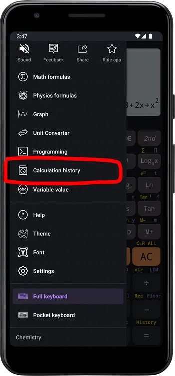 select the **Calculation History** item