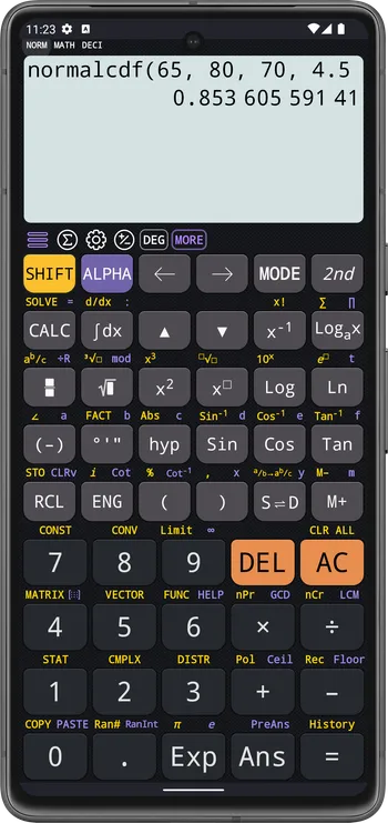 normalcdf(65,80,70,4.5)