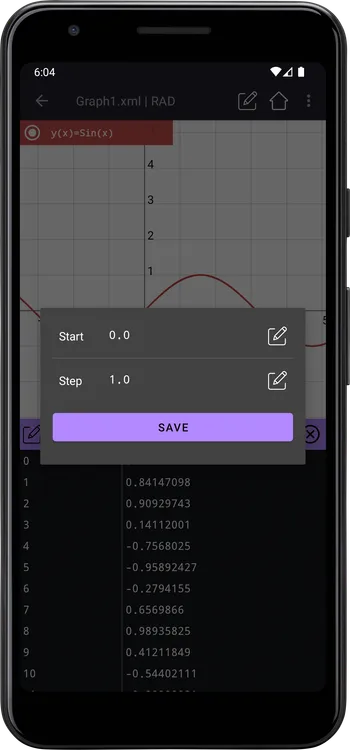 Table start and step settings dialog