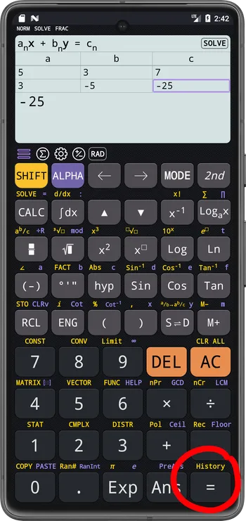 Press `=` to solve system of equations