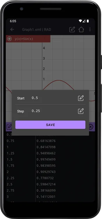 Table start and step settings dialog