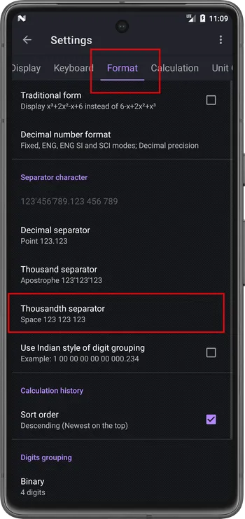 Select the Format tab, then select Thousandth separator item