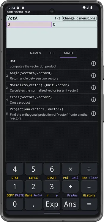 The VECTOR/MATH tab