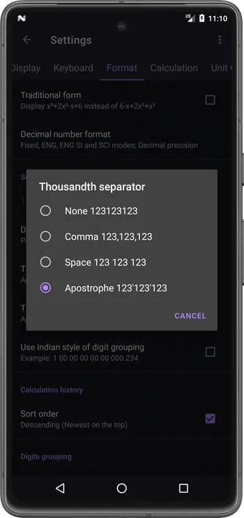 Thousandth separator options